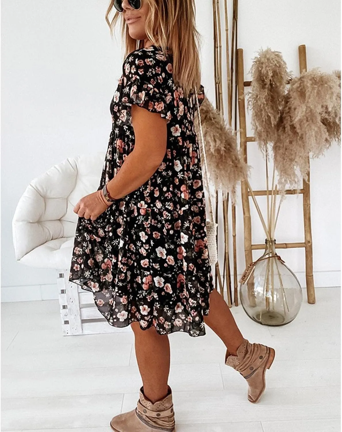 Spring Dresses for Women 2024 Trendy Flowy Casual V Neck 3/4 Sleeve Floral Maxi Dress Plus Size A Line Summer Long Dresses