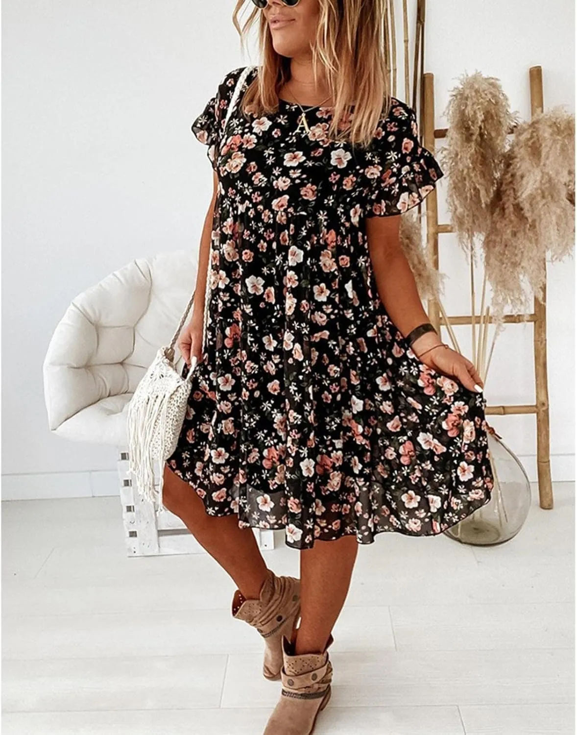 Spring Dresses for Women 2024 Trendy Flowy Casual V Neck 3/4 Sleeve Floral Maxi Dress Plus Size A Line Summer Long Dresses