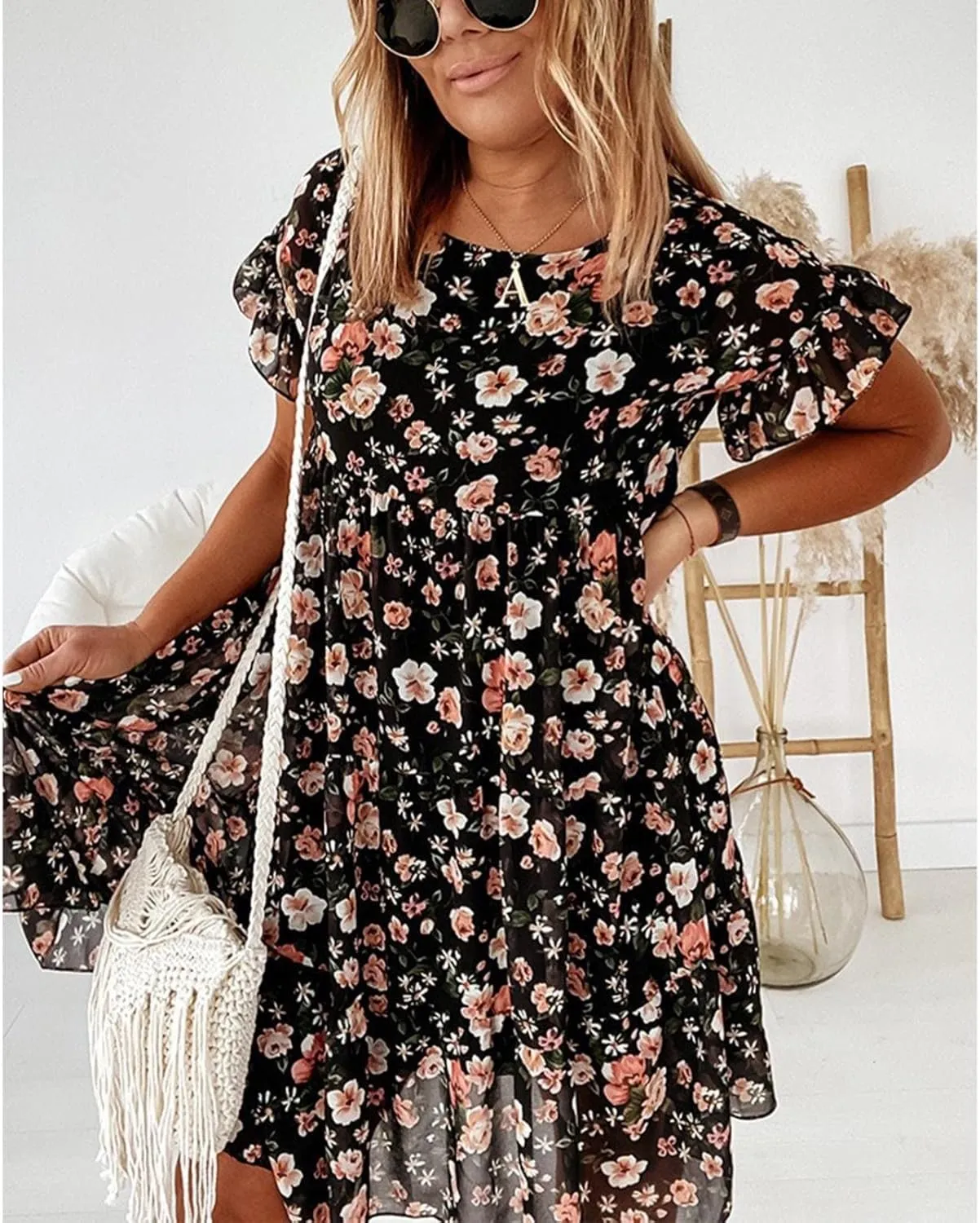 Spring Dresses for Women 2024 Trendy Flowy Casual V Neck 3/4 Sleeve Floral Maxi Dress Plus Size A Line Summer Long Dresses