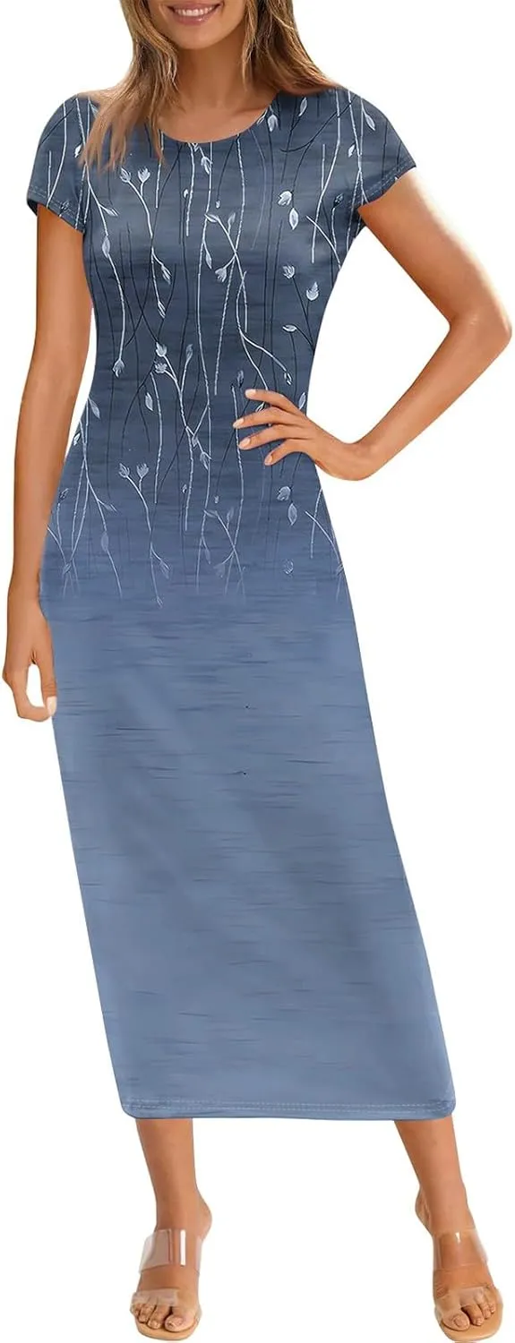 Spring Dresses for Women Short Sleeve Bodycon Evening Party Dress Crewneck Cocktail Formal Wedding Guest Long Dress