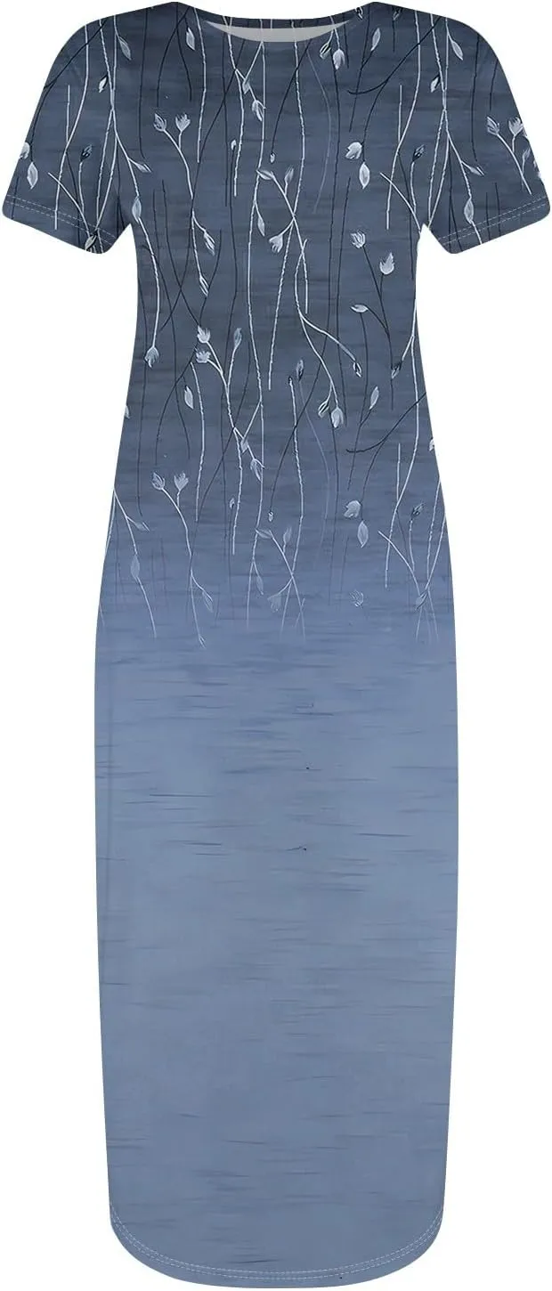 Spring Dresses for Women Short Sleeve Bodycon Evening Party Dress Crewneck Cocktail Formal Wedding Guest Long Dress