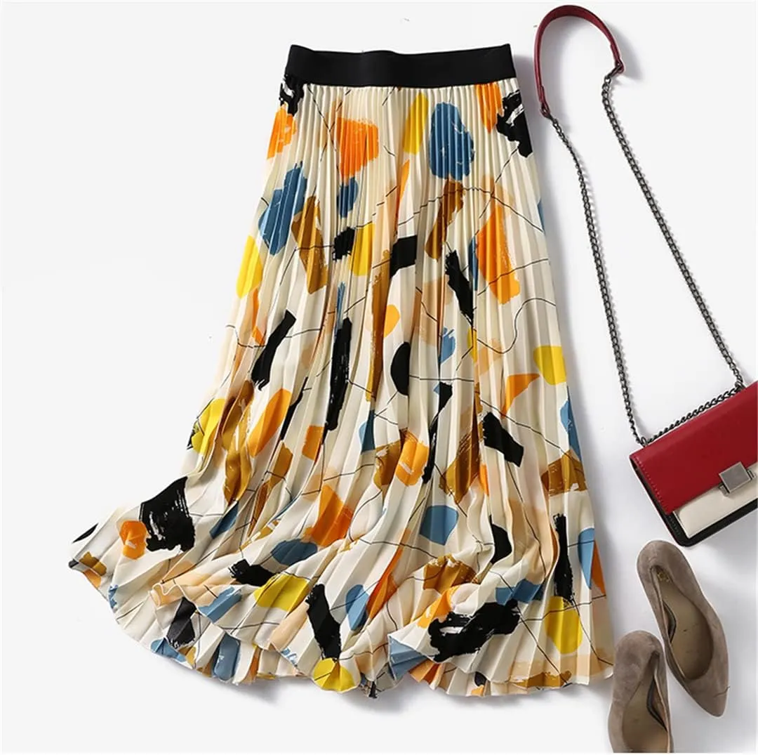 Spring Summer Fashion Midi Long Pleated Skirt Women Korean Print Mid-Length High Waist A Line Skirt Female