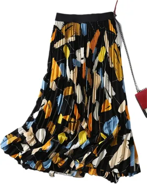 Spring Summer Fashion Midi Long Pleated Skirt Women Korean Print Mid-Length High Waist A Line Skirt Female