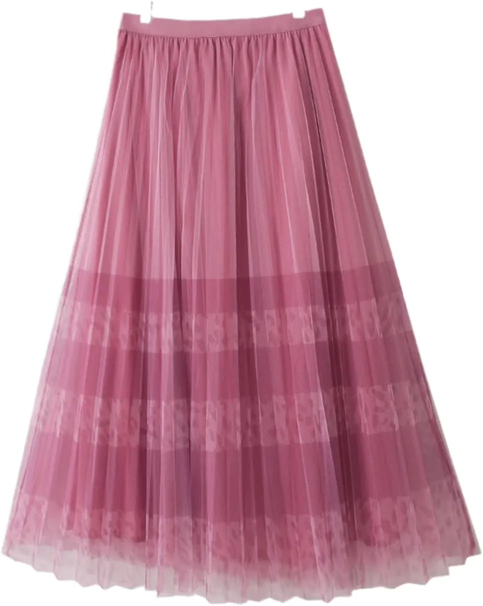 Spring Summer Korean 3 Layers Mesh Tulle Midi Long Pleated Skirt Women High Waist A Line Skirt Female