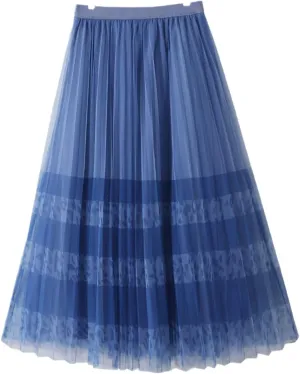 Spring Summer Korean 3 Layers Mesh Tulle Midi Long Pleated Skirt Women High Waist A Line Skirt Female
