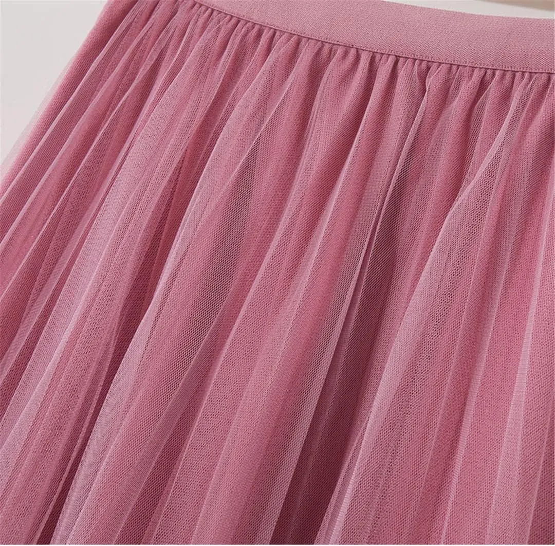 Spring Summer Korean 3 Layers Mesh Tulle Midi Long Pleated Skirt Women High Waist A Line Skirt Female