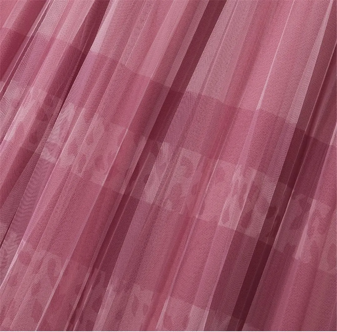 Spring Summer Korean 3 Layers Mesh Tulle Midi Long Pleated Skirt Women High Waist A Line Skirt Female