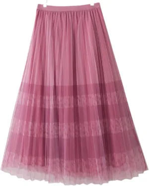 Spring Summer Korean 3 Layers Mesh Tulle Midi Long Pleated Skirt Women High Waist A Line Skirt Female