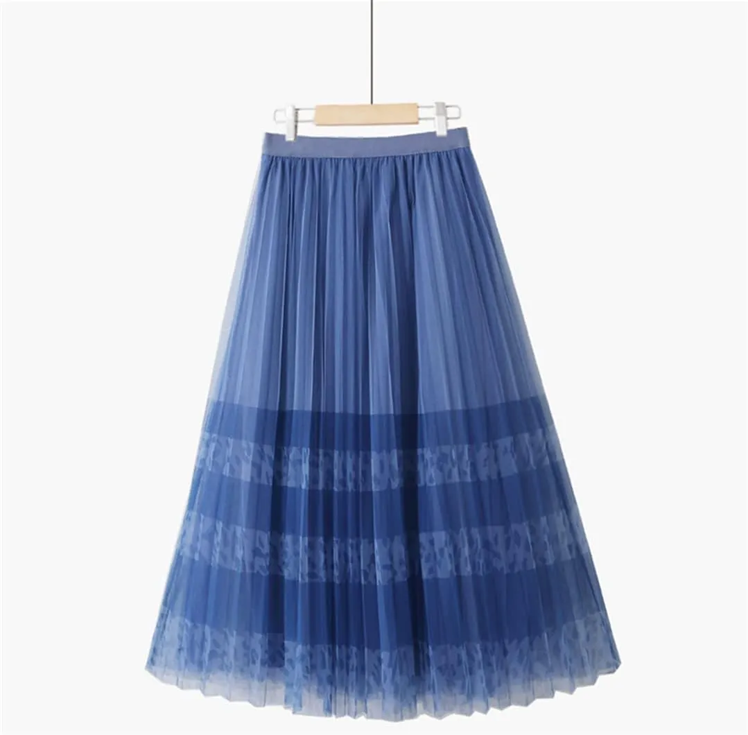 Spring Summer Korean 3 Layers Mesh Tulle Midi Long Pleated Skirt Women High Waist A Line Skirt Female