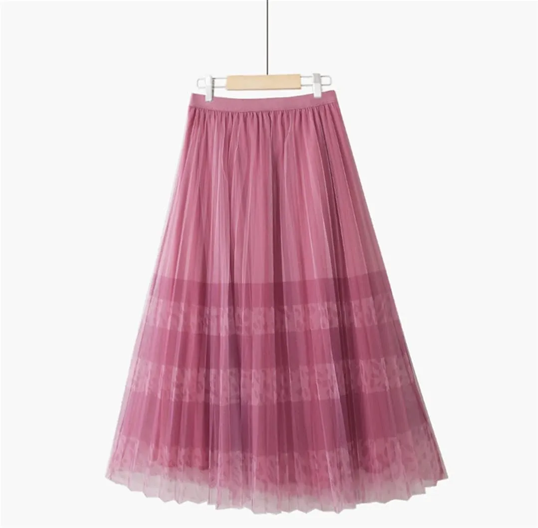 Spring Summer Korean 3 Layers Mesh Tulle Midi Long Pleated Skirt Women High Waist A Line Skirt Female