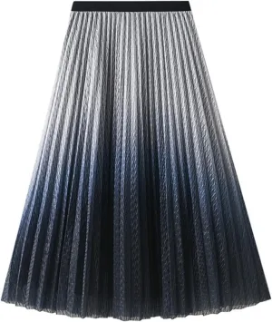 Spring Summer Korean Fashion Gradient Shiny Mesh Skirt Women High Waist Midi Long Pleated Skirt Female
