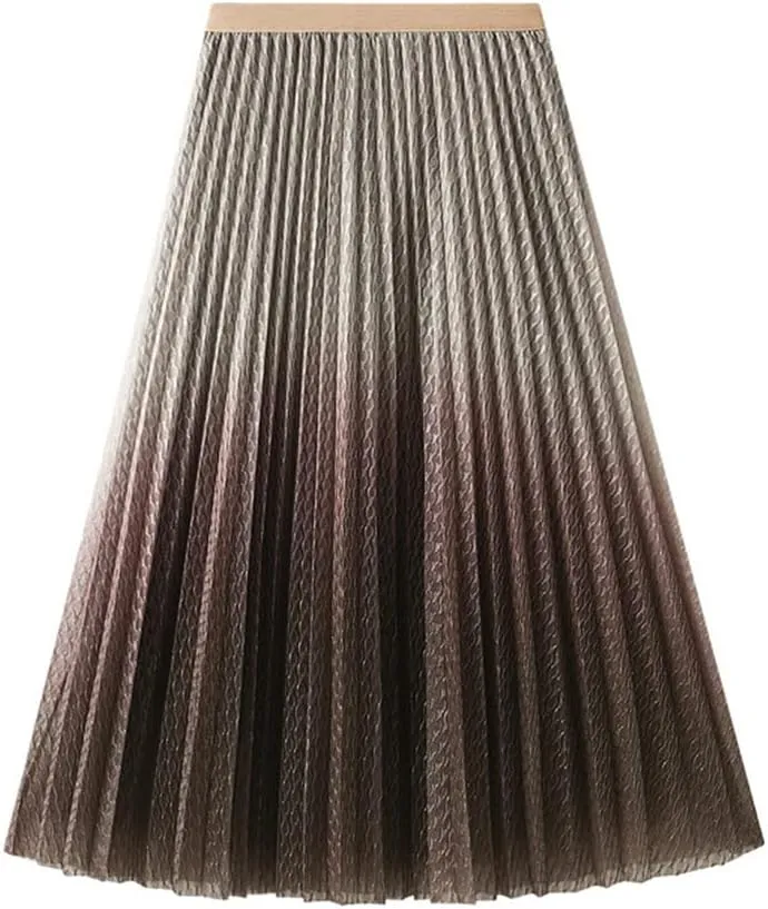 Spring Summer Korean Fashion Gradient Shiny Mesh Skirt Women High Waist Midi Long Pleated Skirt Female