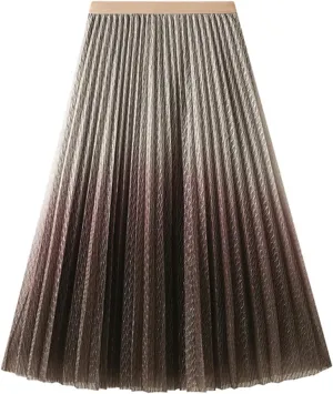 Spring Summer Korean Fashion Gradient Shiny Mesh Skirt Women High Waist Midi Long Pleated Skirt Female