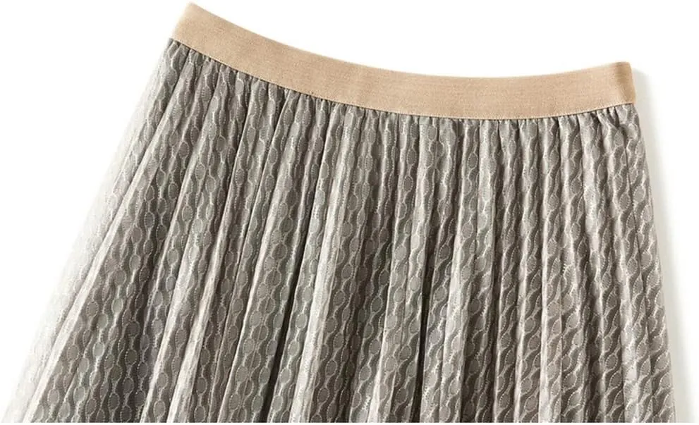 Spring Summer Korean Fashion Gradient Shiny Mesh Skirt Women High Waist Midi Long Pleated Skirt Female