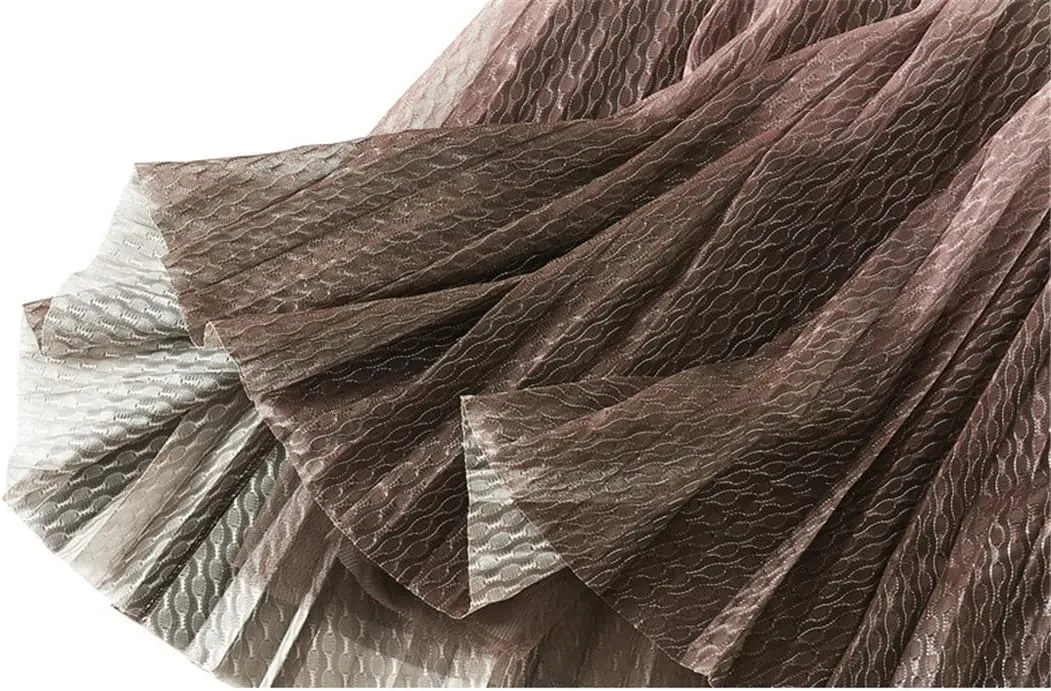 Spring Summer Korean Fashion Gradient Shiny Mesh Skirt Women High Waist Midi Long Pleated Skirt Female