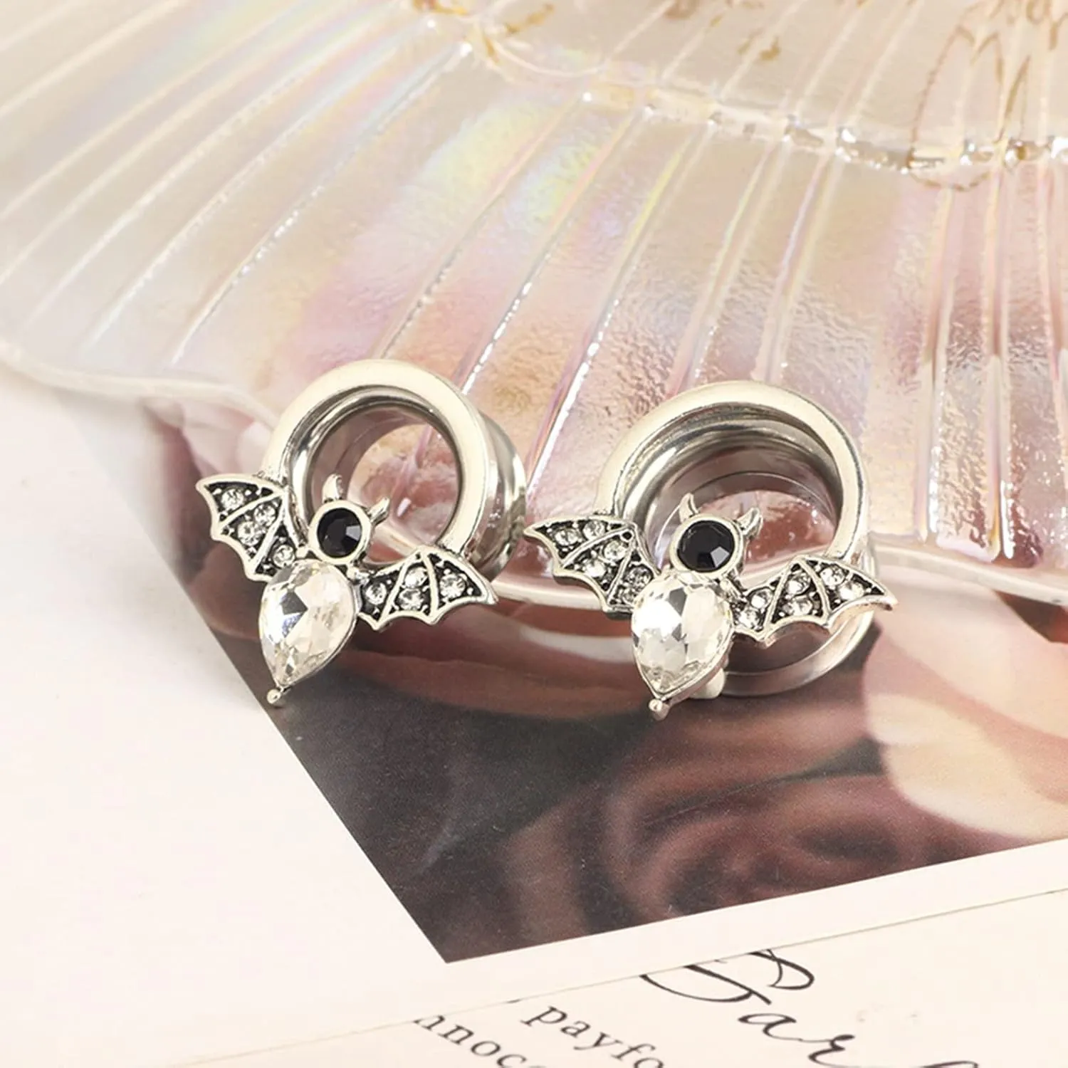 Stainless Steel Plugs and Tunnels, Piercing Jewelry Bat with Cubic Zirconia Plugs Ear Piercing Jewelry