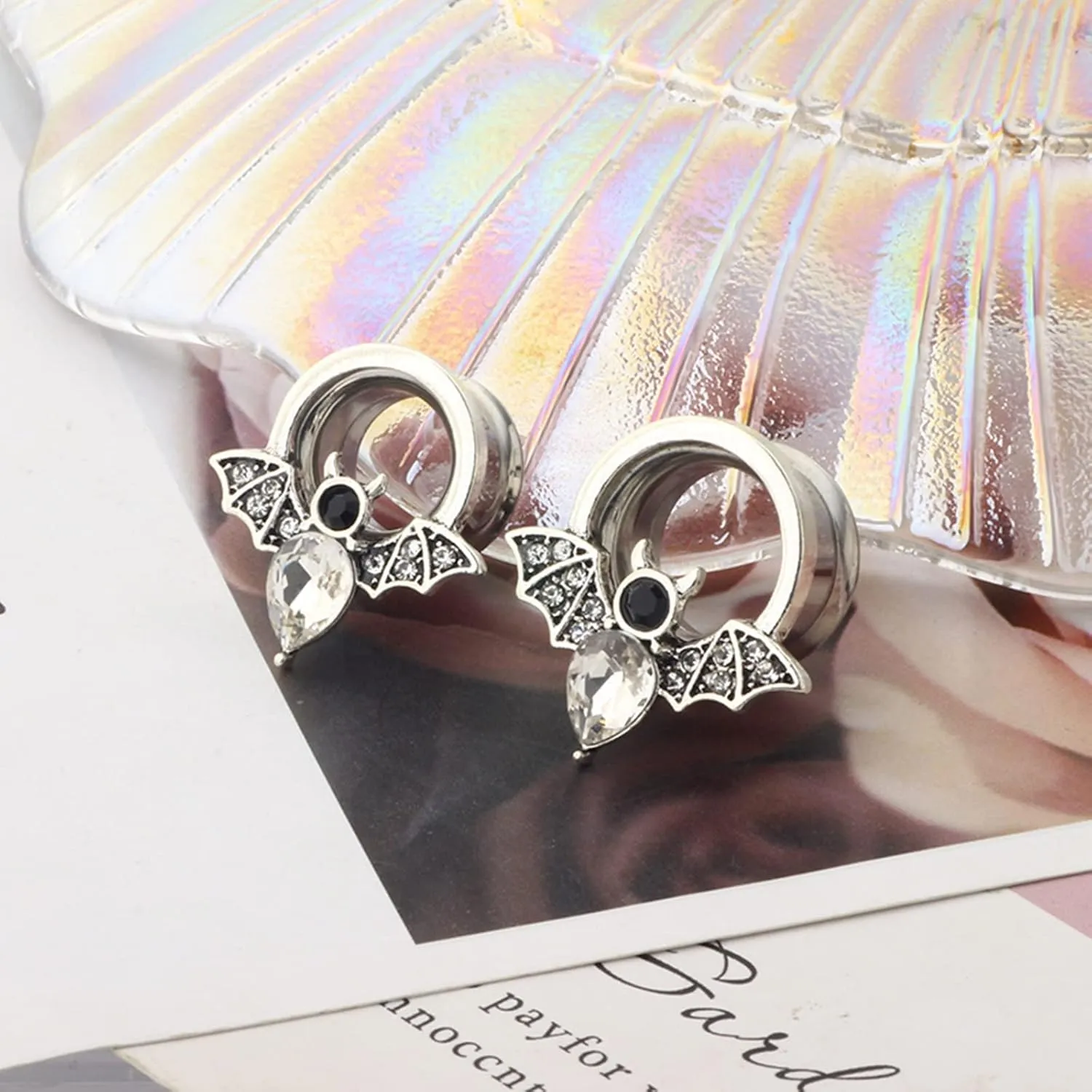 Stainless Steel Plugs and Tunnels, Piercing Jewelry Bat with Cubic Zirconia Plugs Ear Piercing Jewelry