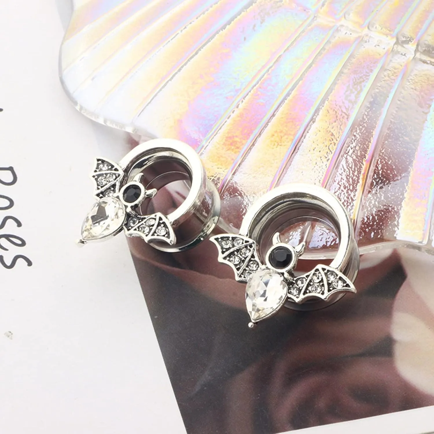 Stainless Steel Plugs and Tunnels, Piercing Jewelry Bat with Cubic Zirconia Plugs Ear Piercing Jewelry
