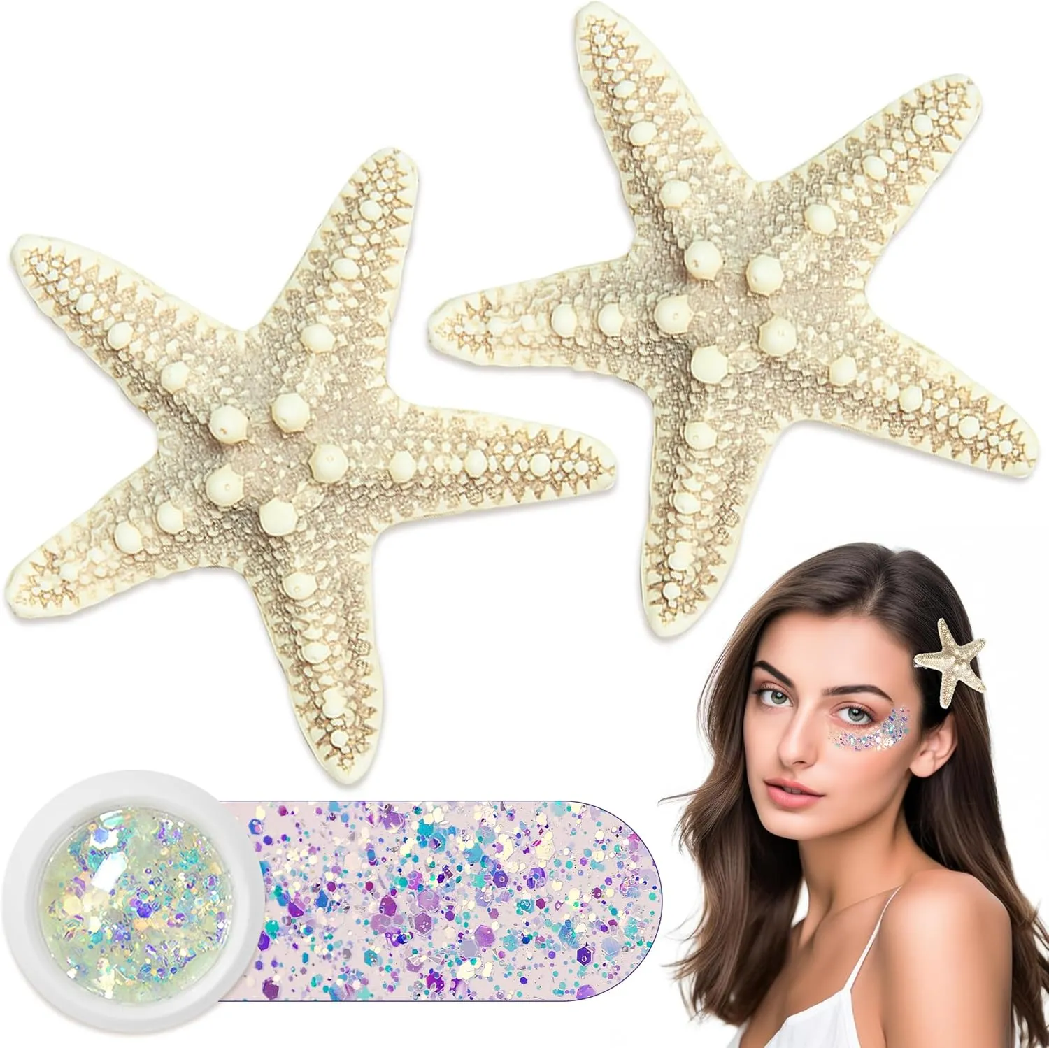 Starfish Hair Clips and Face Body Glitter Set, Mermaid Costume for Women Girls Adult, 3 in 1 Little Mermaid Accessories