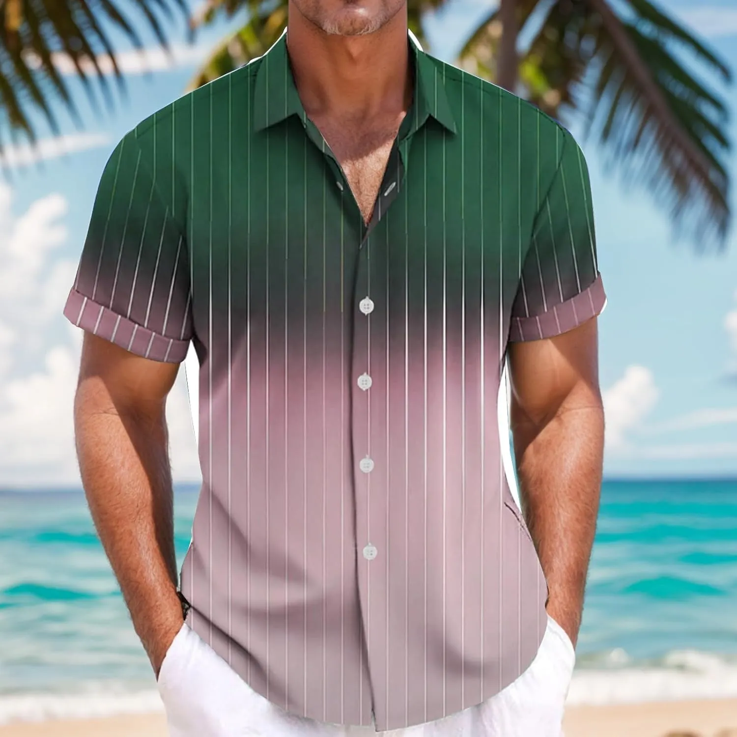 Summer Beach Shirts for Men Gradient Stripe Casual Hawaiian Shirts Button Up Tops Cotton Linen Blouses Vacation Tee