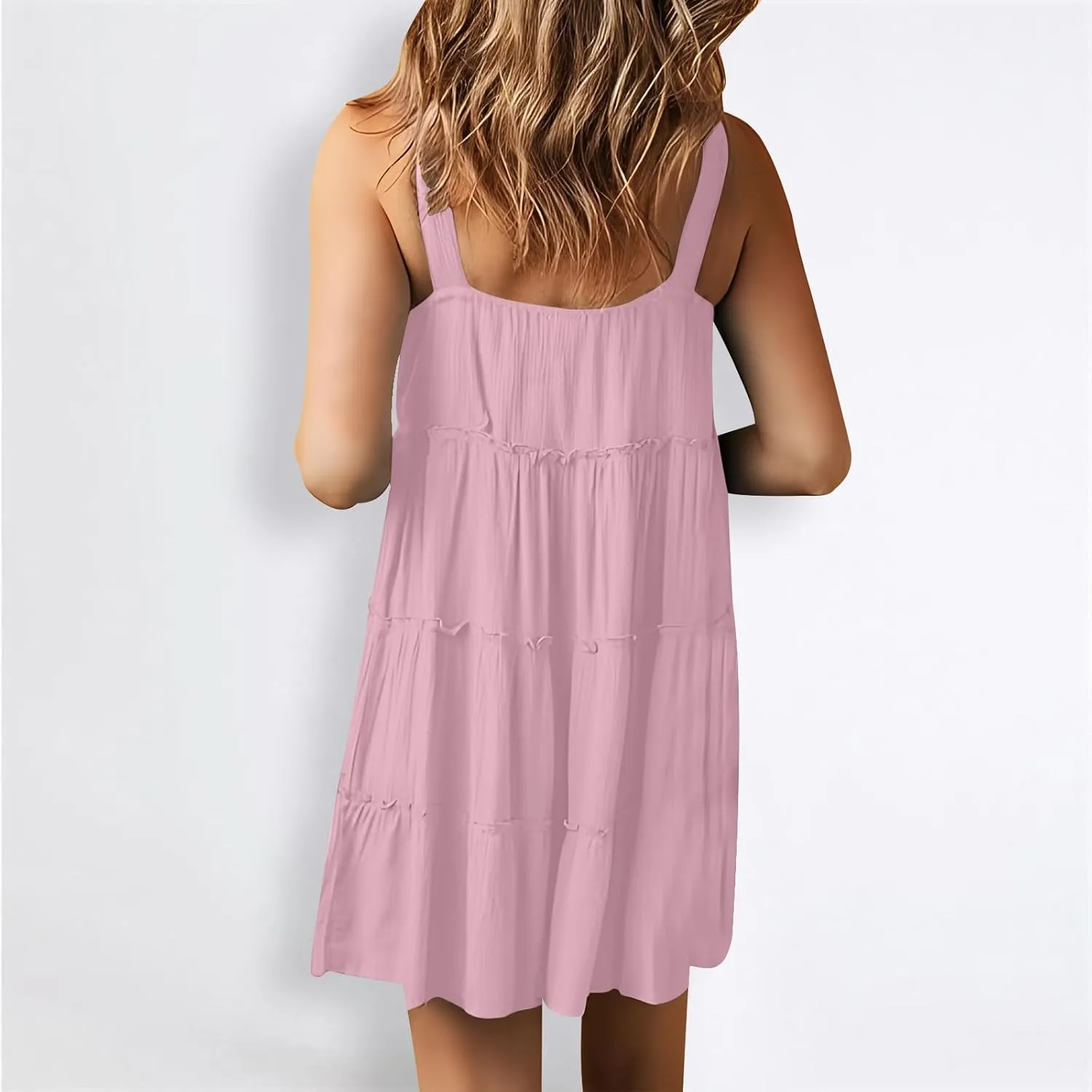 Summer Dresses for Women 2024 Vacation Solid Color Casual Sleeveless Tank Dress Loose Tiered Ruffle Mini Sun Dresses