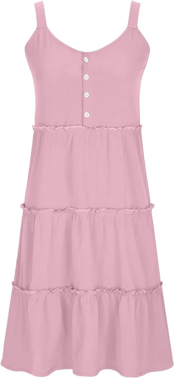 Summer Dresses for Women 2024 Vacation Solid Color Casual Sleeveless Tank Dress Loose Tiered Ruffle Mini Sun Dresses