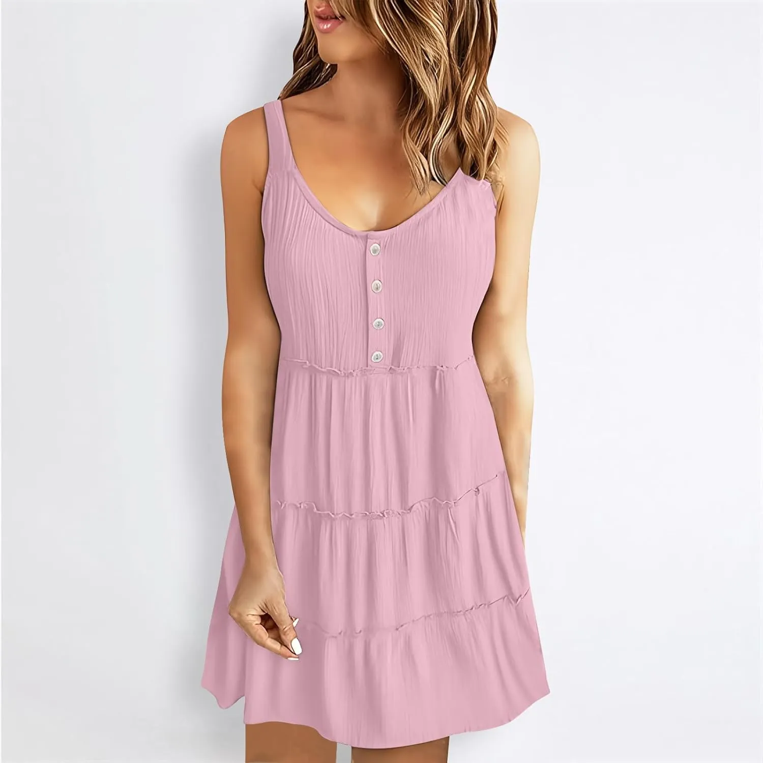Summer Dresses for Women 2024 Vacation Solid Color Casual Sleeveless Tank Dress Loose Tiered Ruffle Mini Sun Dresses