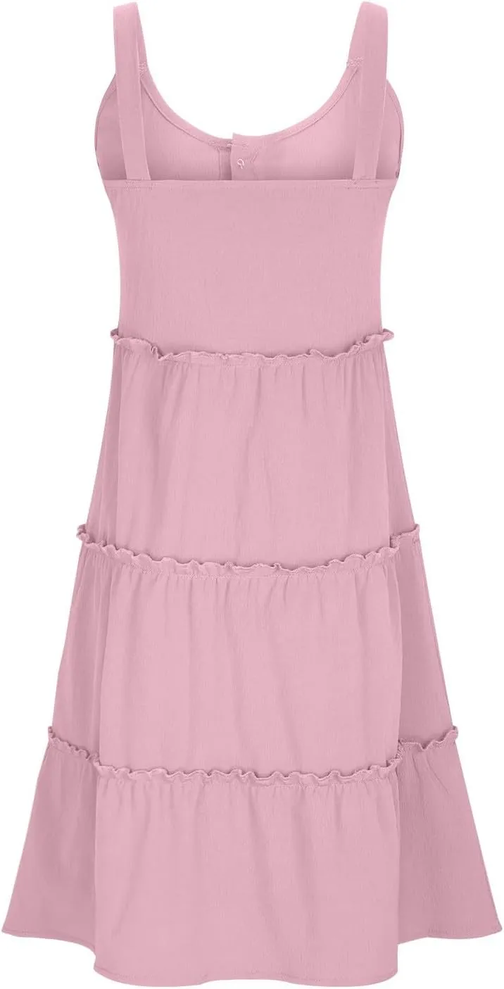 Summer Dresses for Women 2024 Vacation Solid Color Casual Sleeveless Tank Dress Loose Tiered Ruffle Mini Sun Dresses