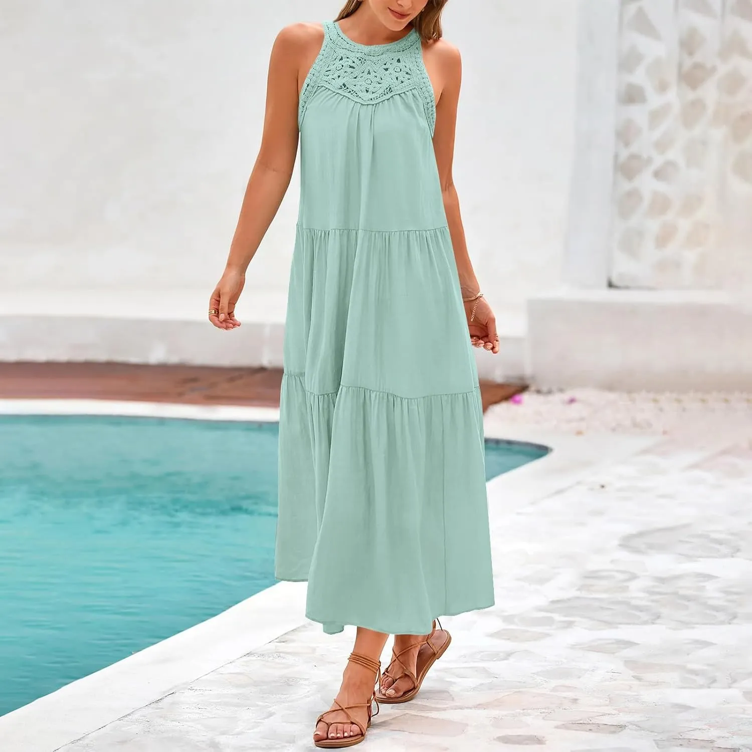 Summer Dresses for Women 2025,Casual Sleeveless Maxi Dresses Easter Crewneck Sundress Beach Vacation Clothes Fashion