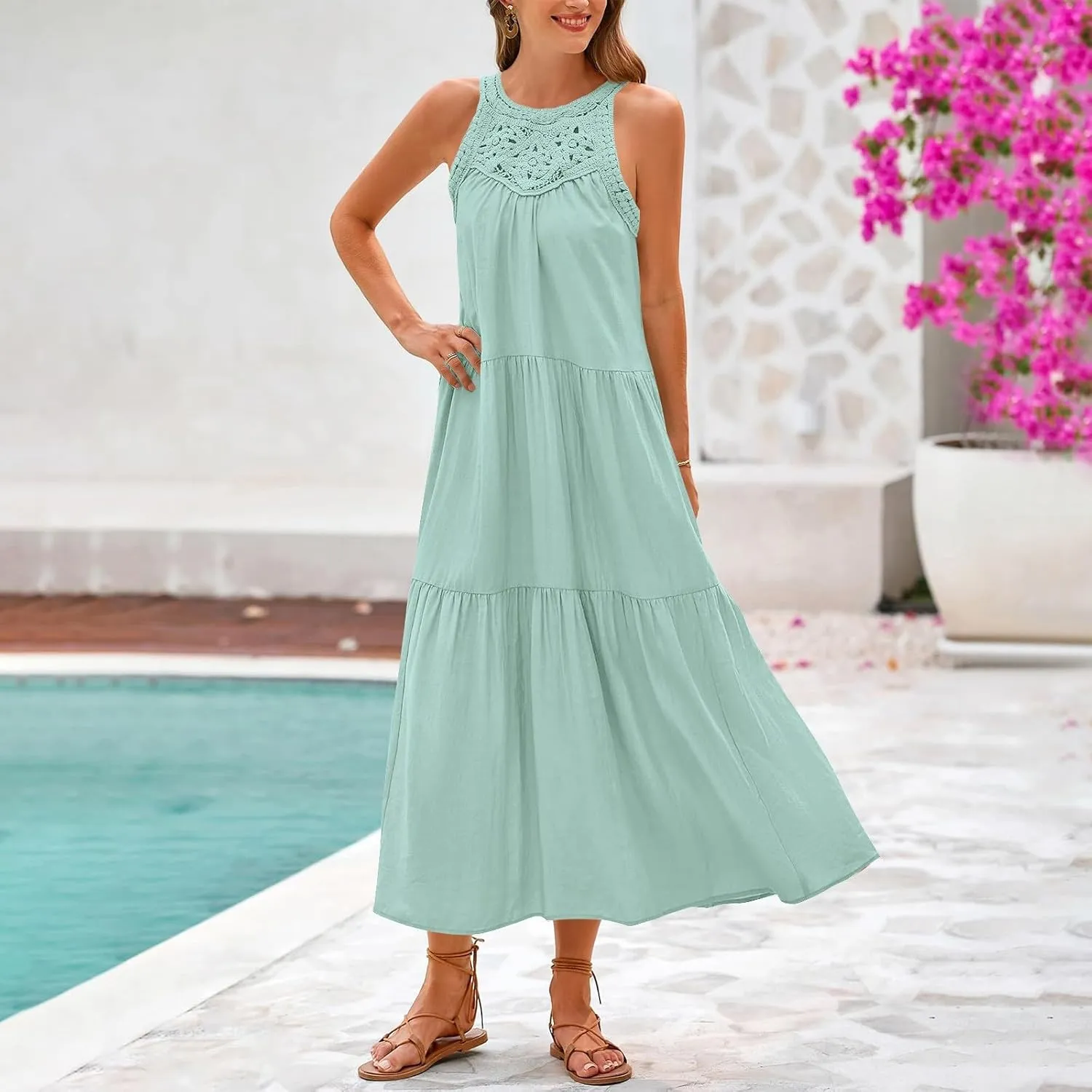 Summer Dresses for Women 2025,Casual Sleeveless Maxi Dresses Easter Crewneck Sundress Beach Vacation Clothes Fashion