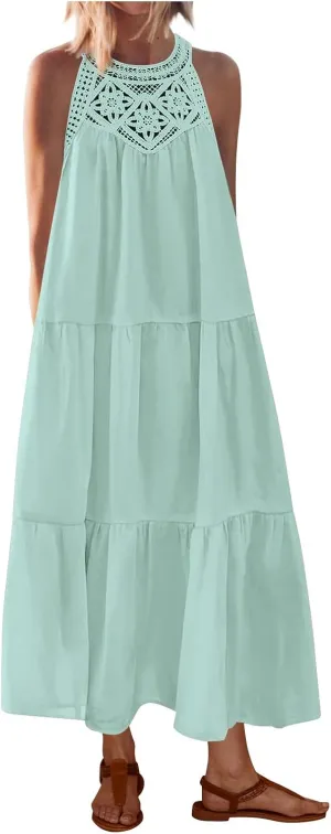 Summer Dresses for Women 2025,Casual Sleeveless Maxi Dresses Easter Crewneck Sundress Beach Vacation Clothes Fashion