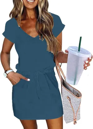 Summer Dresses for Women 2025,Casual Sun Dresses Short Sleeve v Neck Beach Vacation midi Dresses with Pockets