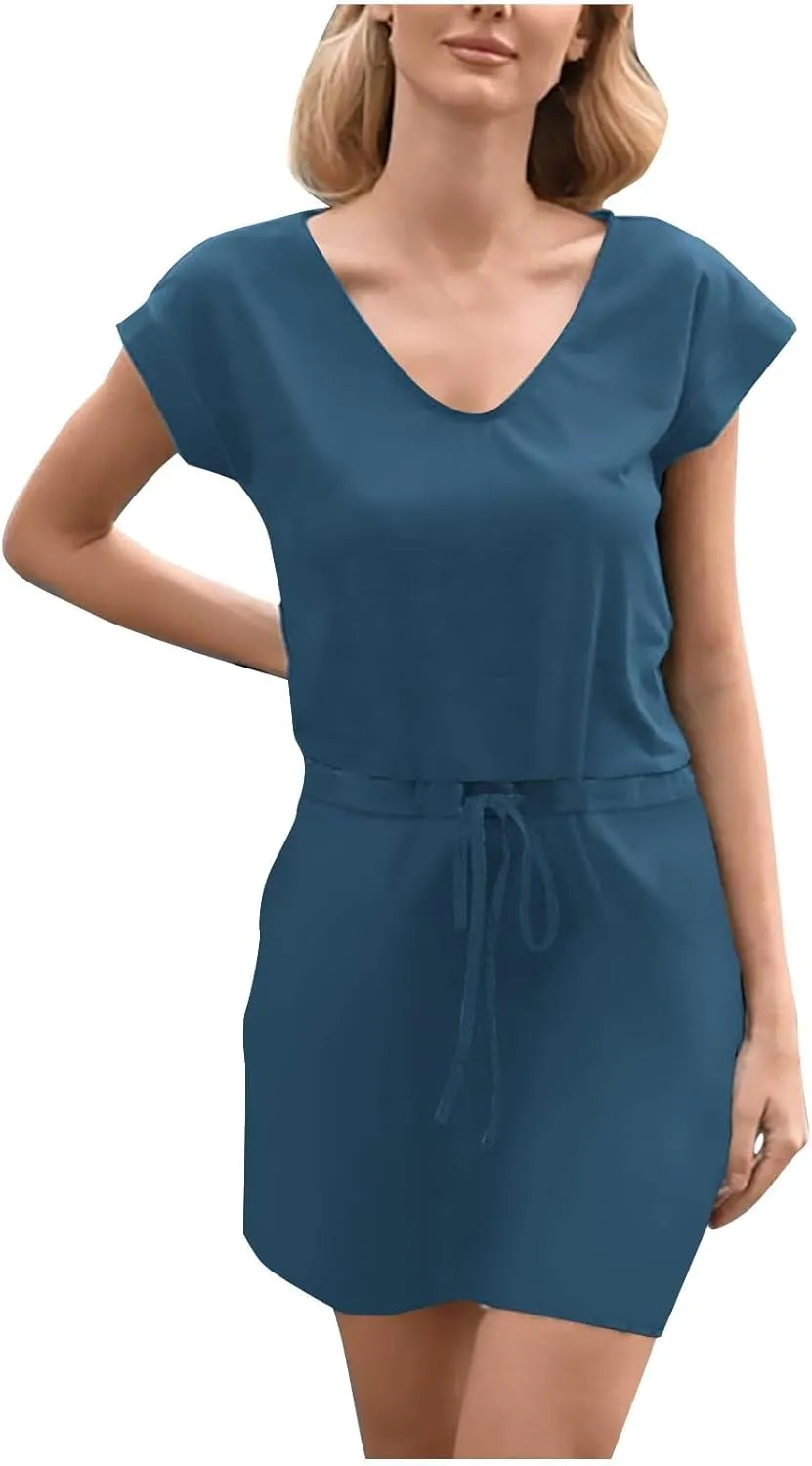Summer Dresses for Women 2025,Casual Sun Dresses Short Sleeve v Neck Beach Vacation midi Dresses with Pockets