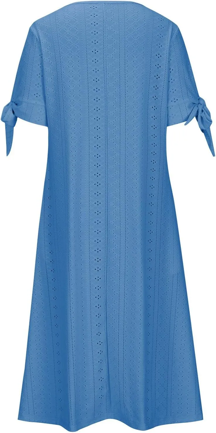 Summer Dresses for Women 2025,Cold Shoulder Eyelet Dress v Neck Boho Casual Beach Vacation Spring Maxi Dresses