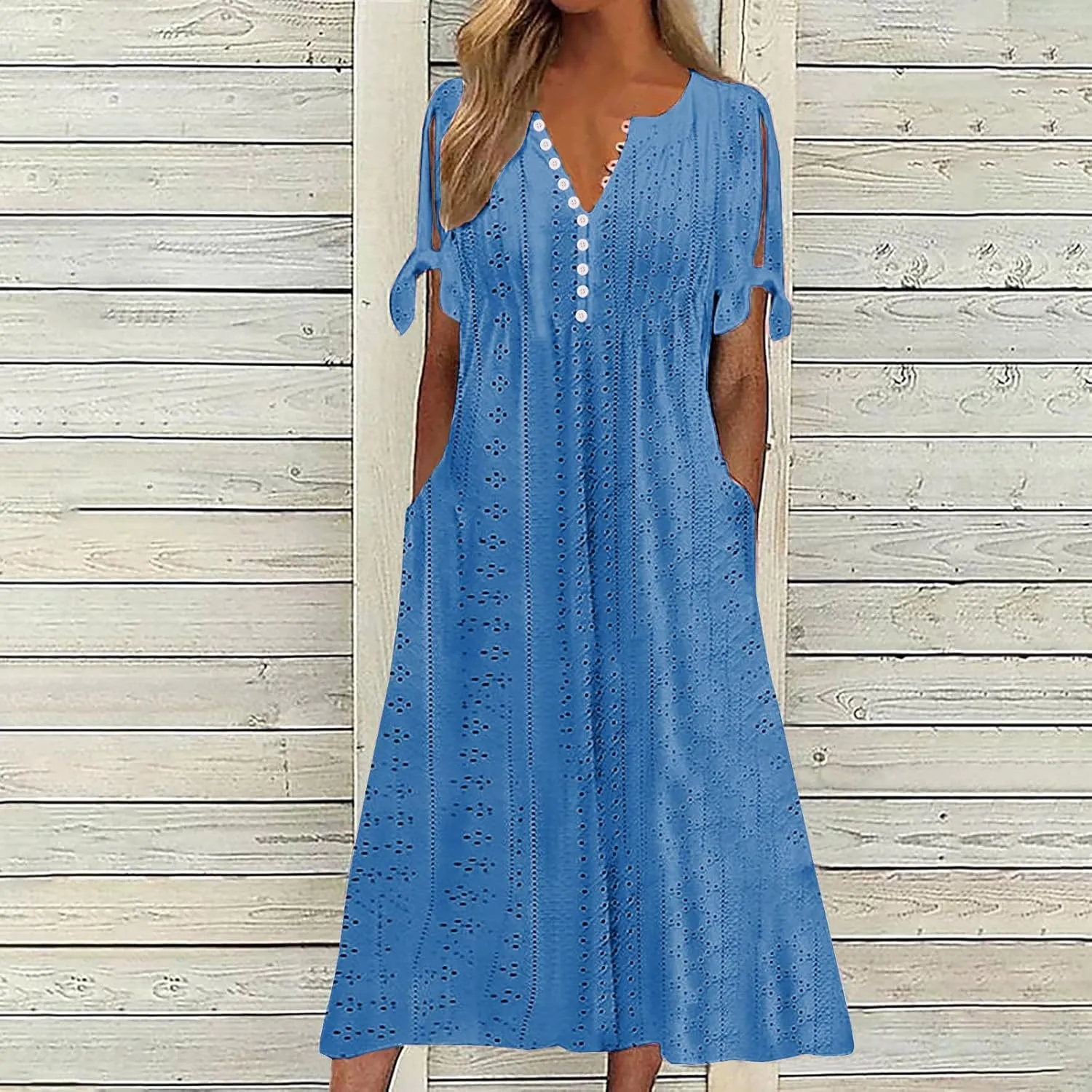 Summer Dresses for Women 2025,Cold Shoulder Eyelet Dress v Neck Boho Casual Beach Vacation Spring Maxi Dresses
