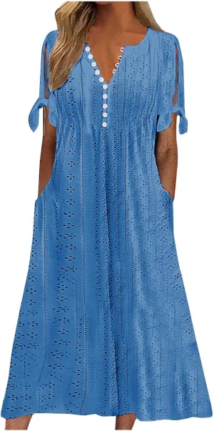 Summer Dresses for Women 2025,Cold Shoulder Eyelet Dress v Neck Boho Casual Beach Vacation Spring Maxi Dresses