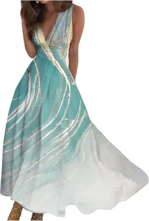 Summer Dresses for Women,Womens Elegant Wrap Deep V Neck Sleeveless Maxi Dress Flowy Beach Vacation Boho Sundresses