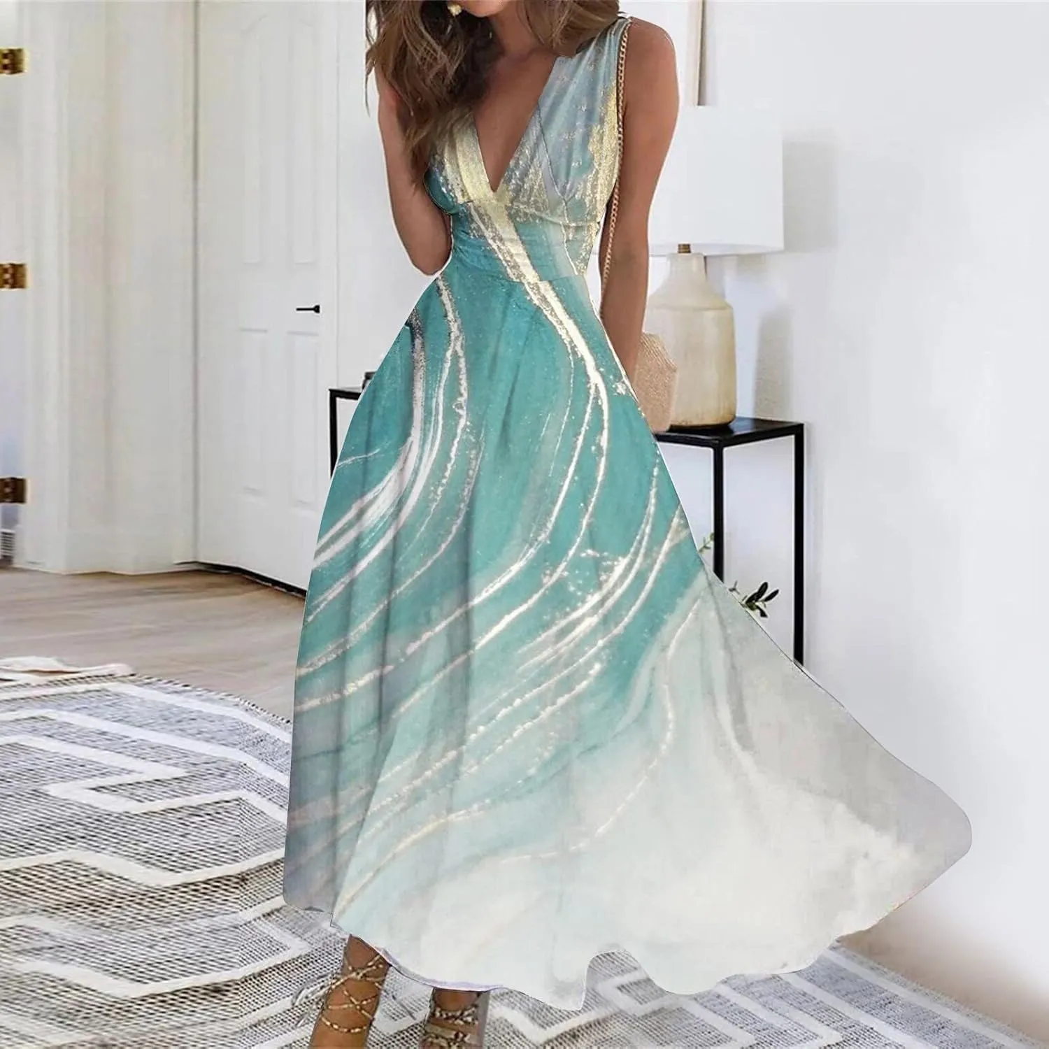 Summer Dresses for Women,Womens Elegant Wrap Deep V Neck Sleeveless Maxi Dress Flowy Beach Vacation Boho Sundresses
