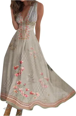 Summer Dresses for Women,Womens Elegant Wrap Deep V Neck Sleeveless Maxi Dress Flowy Beach Vacation Boho Sundresses