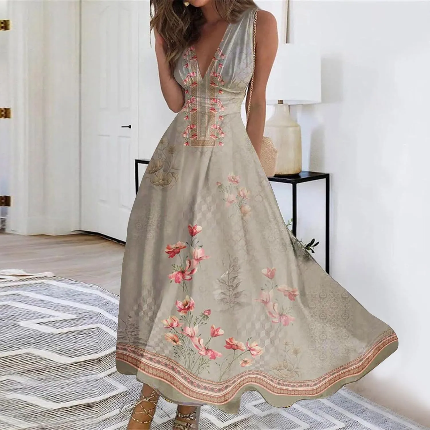 Summer Dresses for Women,Womens Elegant Wrap Deep V Neck Sleeveless Maxi Dress Flowy Beach Vacation Boho Sundresses