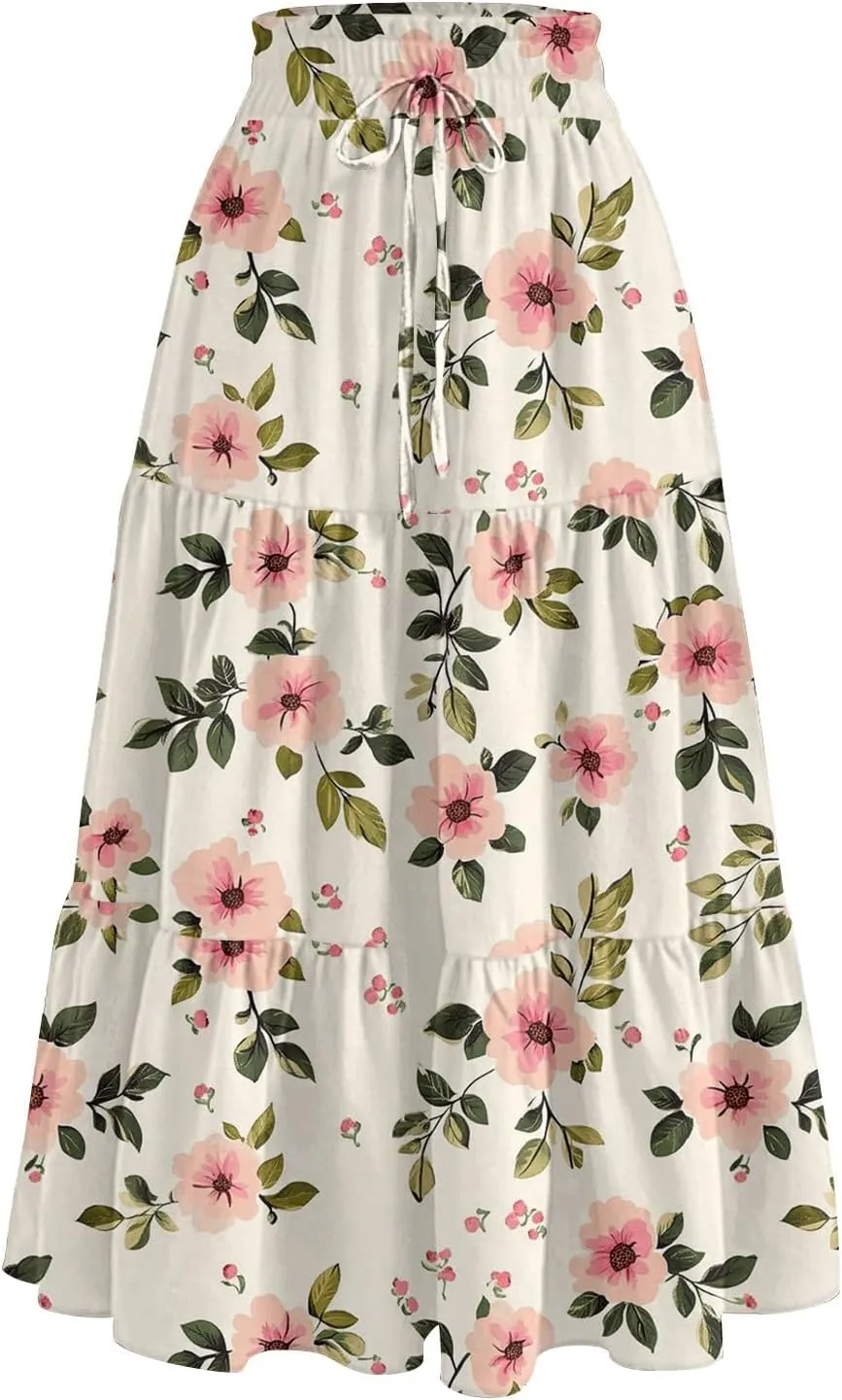 Summer Floral Midi Skirt for Women Comfy Tiered Elastic High Waisted Vacation A-Line Flowy Swing Long