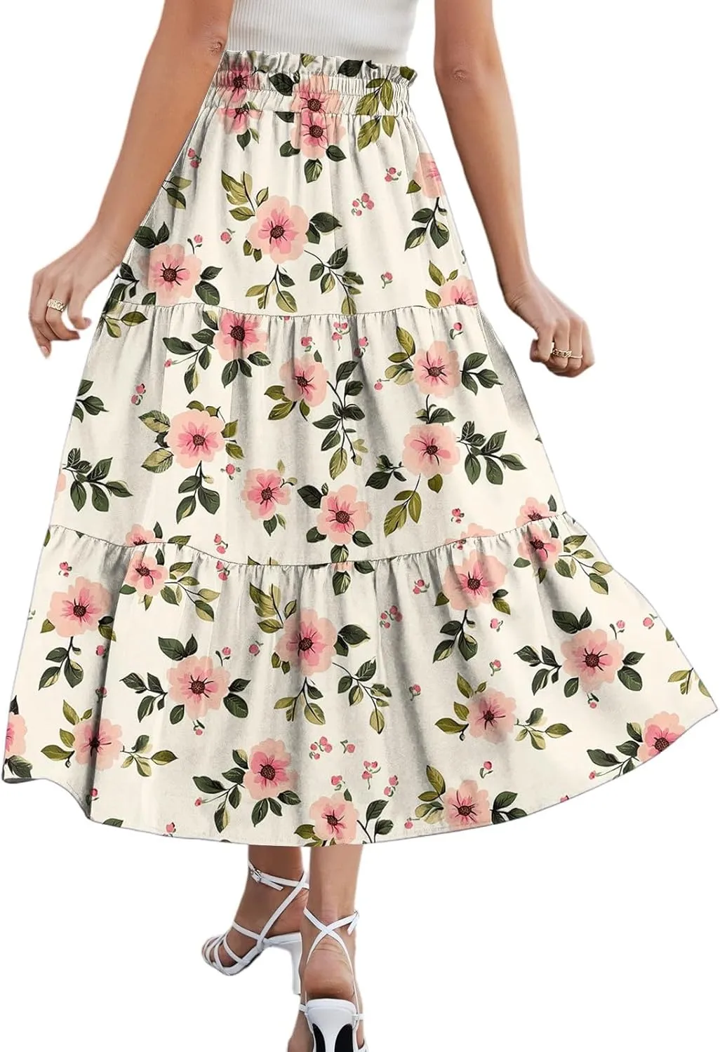 Summer Floral Midi Skirt for Women Comfy Tiered Elastic High Waisted Vacation A-Line Flowy Swing Long
