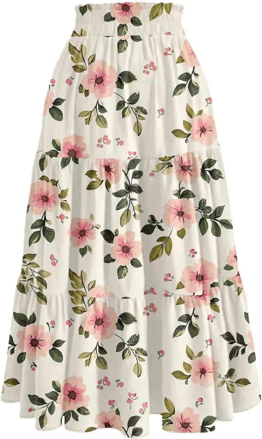 Summer Floral Midi Skirt for Women Comfy Tiered Elastic High Waisted Vacation A-Line Flowy Swing Long