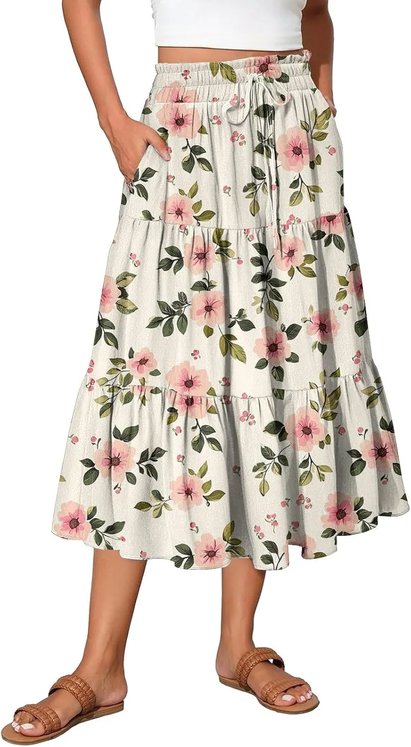 Summer Floral Midi Skirt for Women Comfy Tiered Elastic High Waisted Vacation A-Line Flowy Swing Long