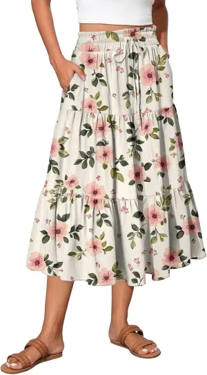 Summer Floral Midi Skirt for Women Comfy Tiered Elastic High Waisted Vacation A-Line Flowy Swing Long