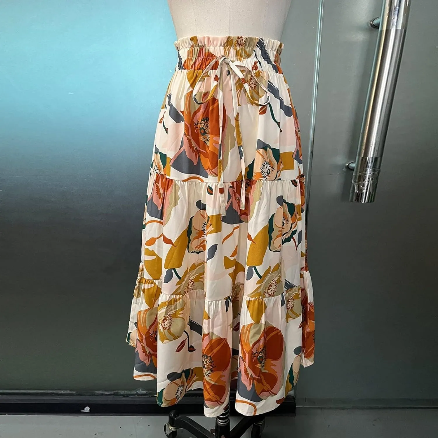Summer Floral Midi Skirt for Women Comfy Tiered Elastic High Waisted Vacation A-Line Flowy Swing Long
