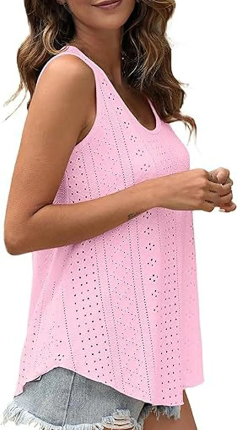 Summer Flowy Tank Tops for Women Sleeveless Scoop Neck Eyelet Shirts Loose Fit Casual Blouse Comfy Breathable Tunics