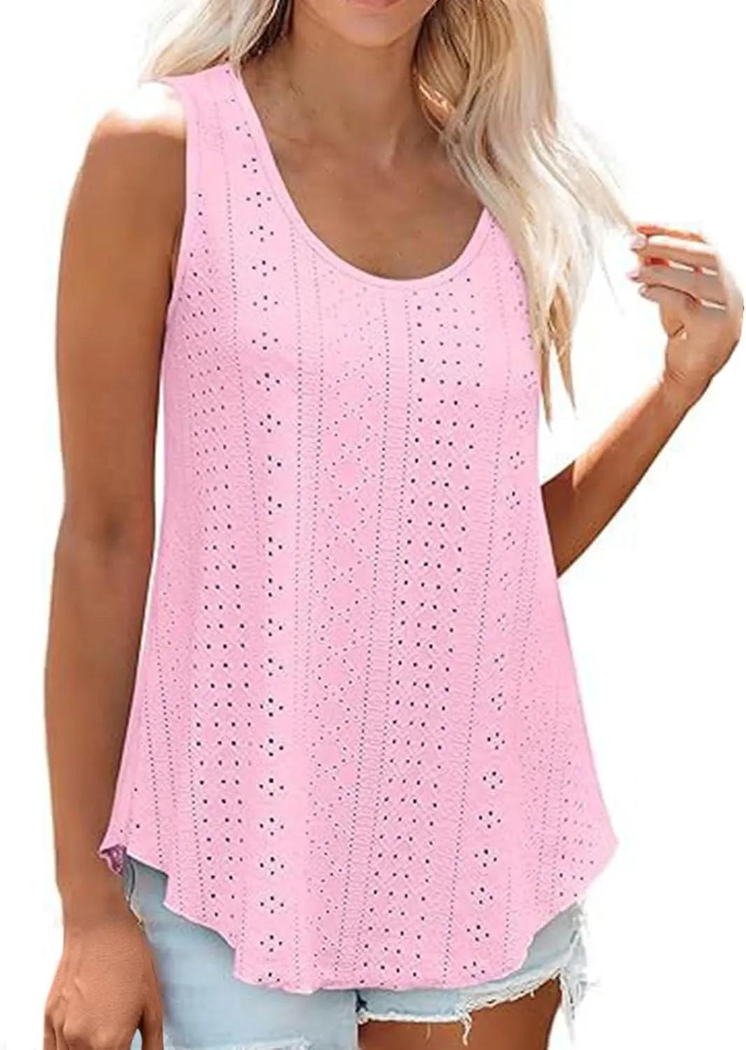 Summer Flowy Tank Tops for Women Sleeveless Scoop Neck Eyelet Shirts Loose Fit Casual Blouse Comfy Breathable Tunics