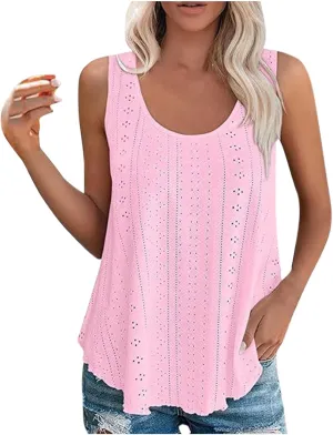Summer Flowy Tank Tops for Women Sleeveless Scoop Neck Eyelet Shirts Loose Fit Casual Blouse Comfy Breathable Tunics