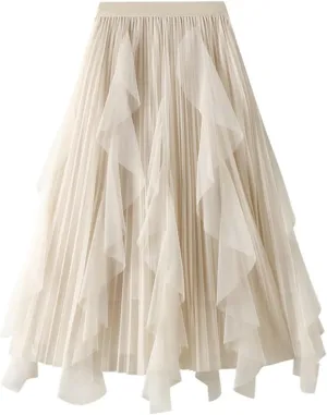 Summer Korean Fashion 3 Layers Midi Long Tulle Skirt Women Ruffles High Waist Pleated A Line Skirt Female